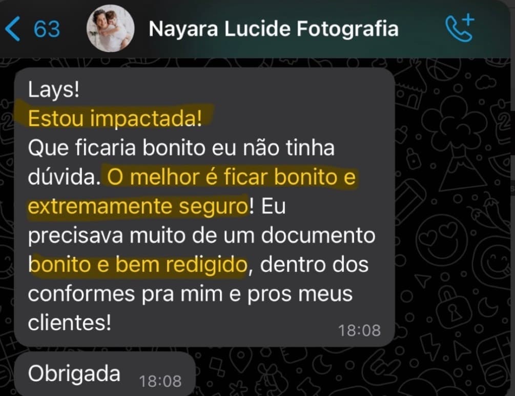 Depoimento de cliente fotógrafa sobre o contrato entregue