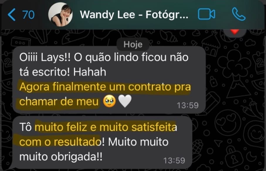 Depoimento de cliente fotógrafa satisfeita com o contrato