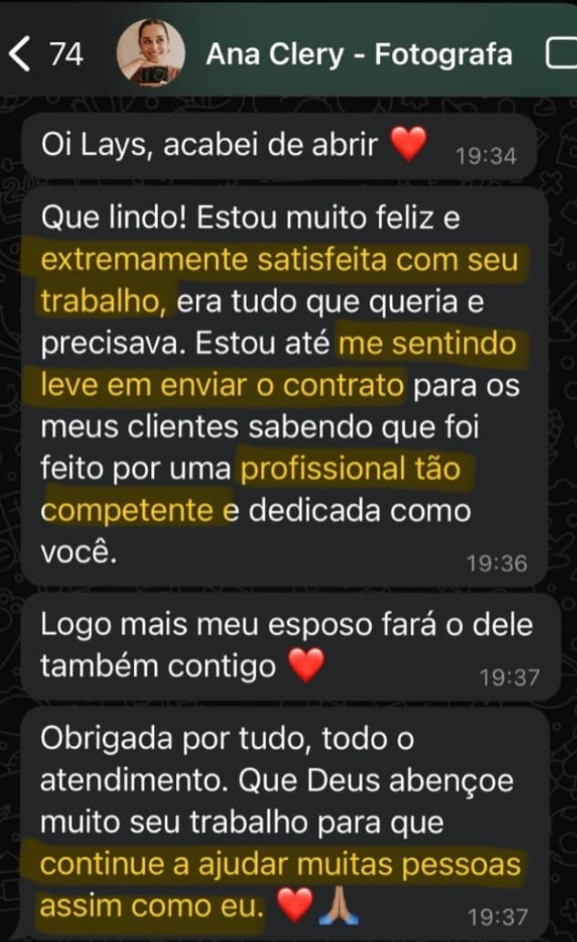 Depoimento de cliente fotógrafa sobre a clareza do contrato